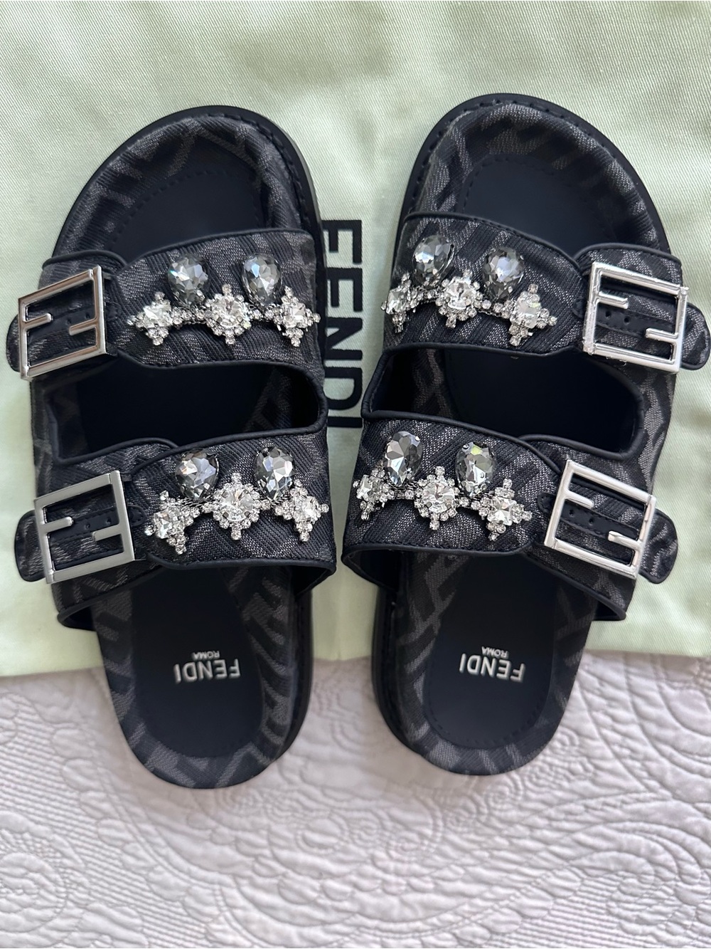 Fendi Black Jeweled Double Buckle Logo Slide Sandals